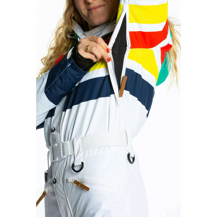 The Mogul Maniac | White Retro Striped Women's One Piece Ski Suit