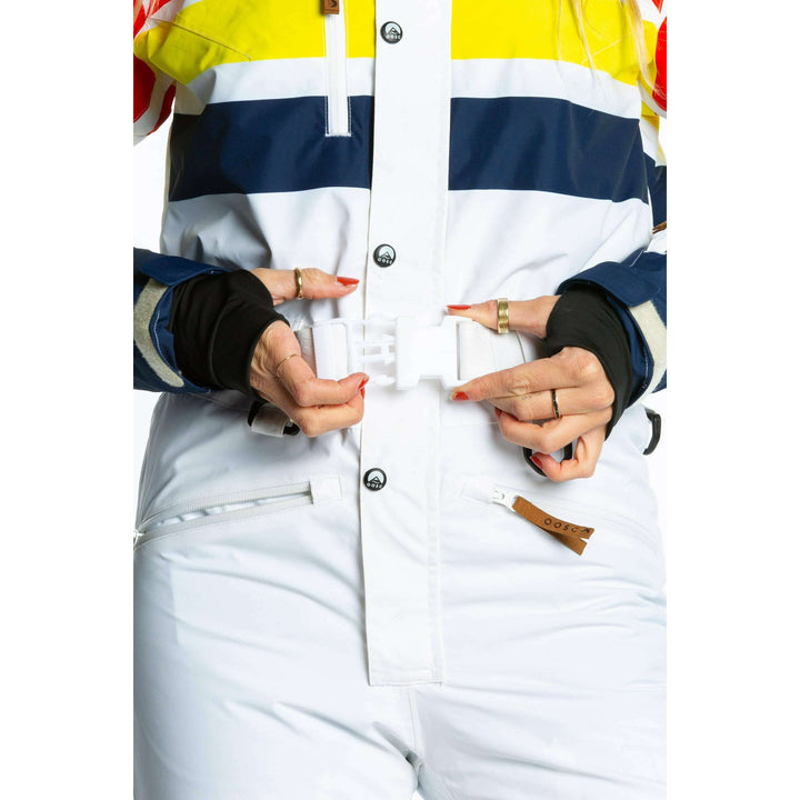 The Mogul Maniac | White Retro Striped Women's One Piece Ski Suit