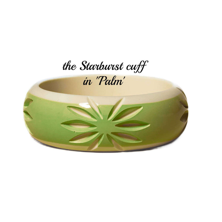 green starburst cuff bakelite fakelite bangle 
