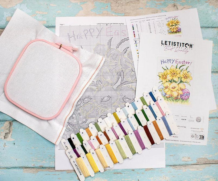 Three Chicks with Daffodils and Egg L8059 Counted Cross Stitch Kit