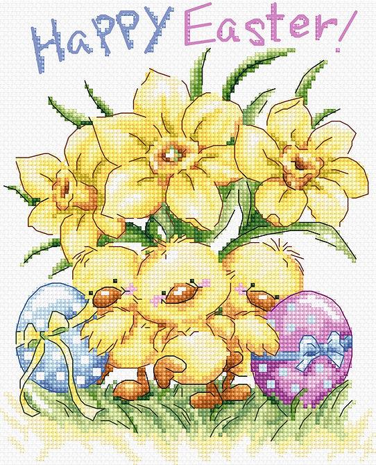 Three Chicks with Daffodils and Egg L8059 Counted Cross Stitch Kit
