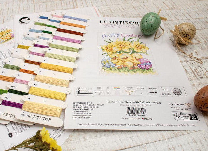 Three Chicks with Daffodils and Egg L8059 Counted Cross Stitch Kit