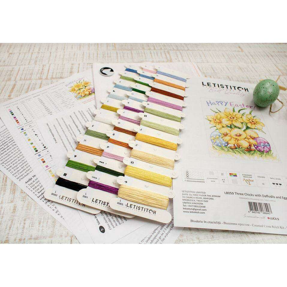 Three Chicks with Daffodils and Egg L8059 Counted Cross Stitch Kit