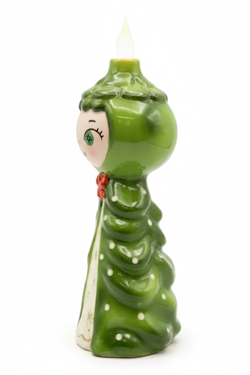 side view of tree girl candle lite vintage inspired mid century Christmas ceramic figurine