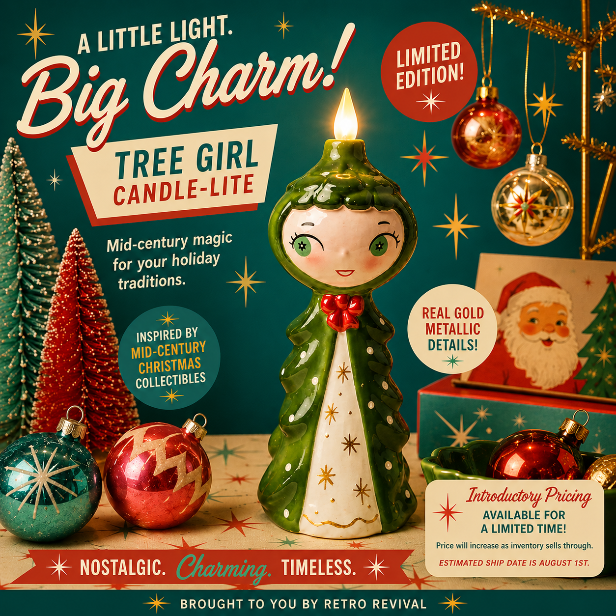 holt howard tree girl Decorative candle with tree design surrounded by Christmas ornaments and packaging on a festive background.