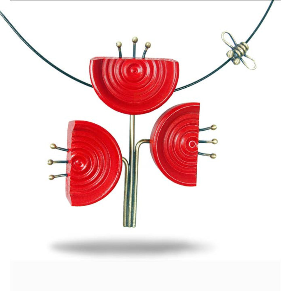 Chickenscratch Tulips Necklace — handmade altered red wooden checker floral necklace with oxidized brass stems and cast brass bee on 18-inch cable choker with magnetic closure