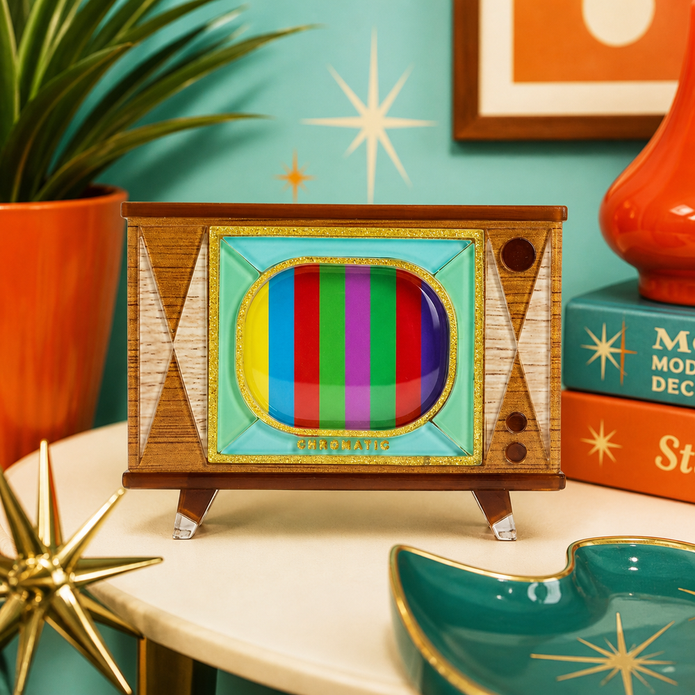 tune in chromatic retro tv acrylic brooch by lipstick and chrome