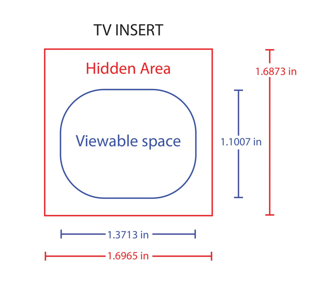 Diagram of a TV insert showing viewable space and hidden area with dimensions.