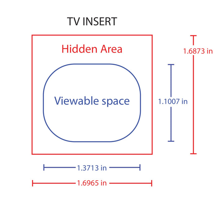 Diagram of a TV insert showing viewable space and hidden area with dimensions.