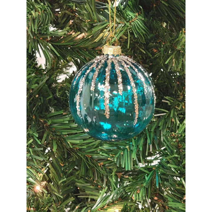 Turquoise and Gold Striped Ball Glass Christmas Ornament F07M7-11-LH76-2319