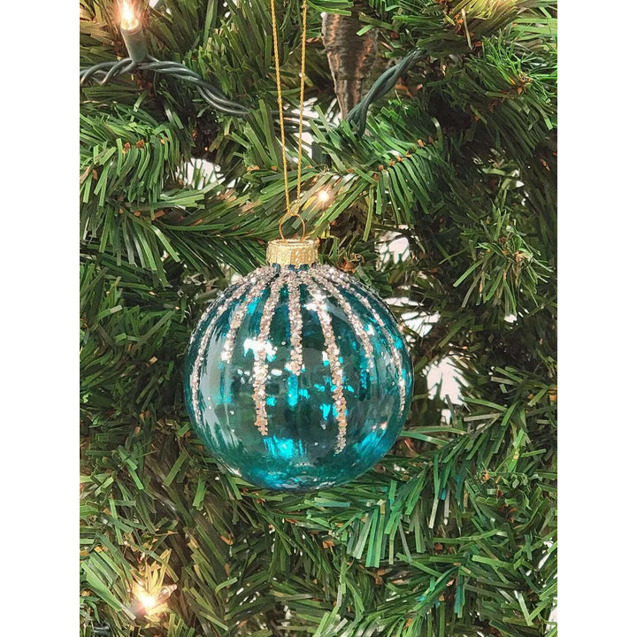 Turquoise and Gold Striped Ball Glass Christmas Ornament F07M7-11-LH76-2319
