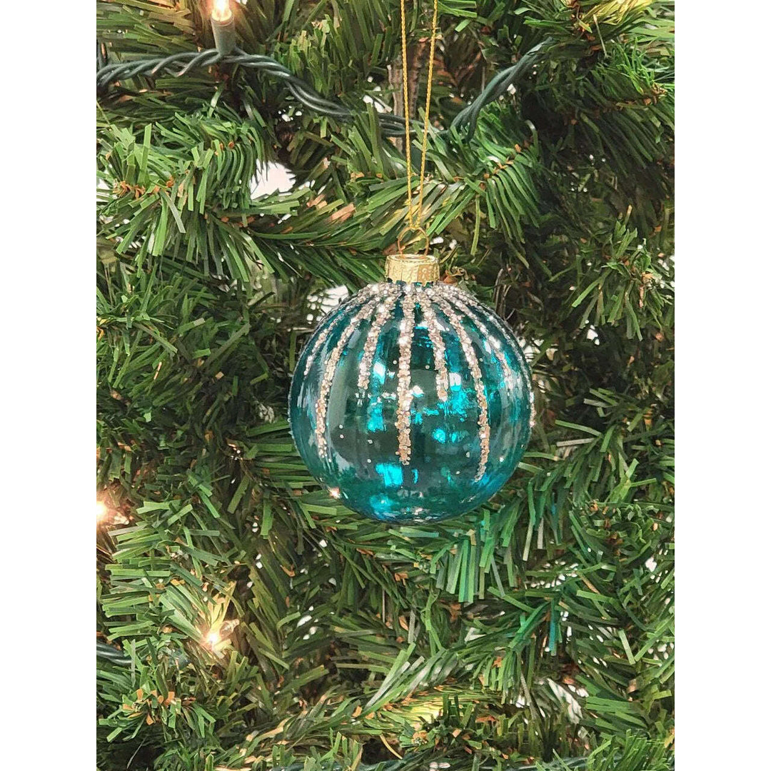 Turquoise and Gold Striped Ball Glass Christmas Ornament F07M7-11-LH76-2319