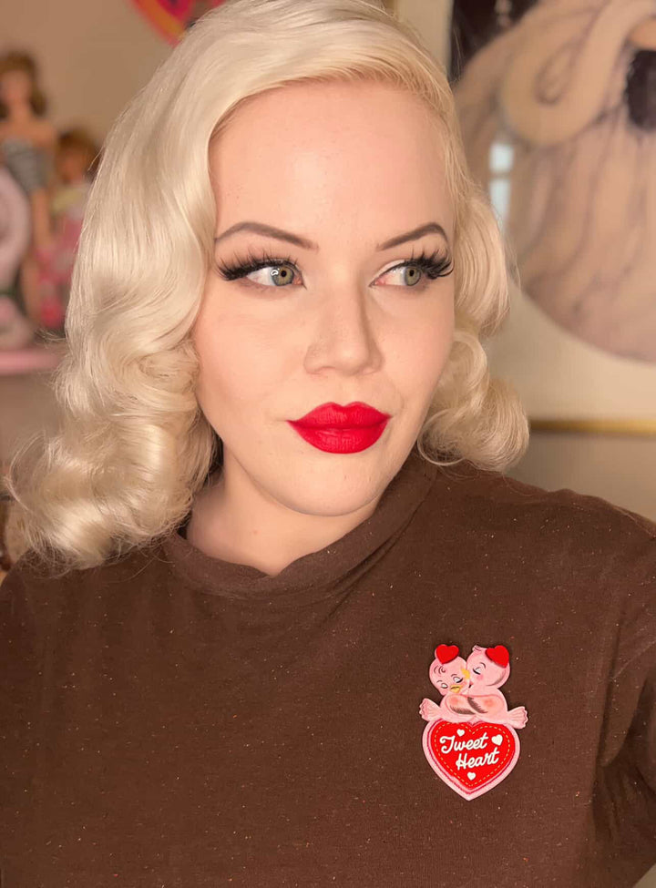 Tweet Heart brooch by 50's Vintage Dame and Lipstick & Chrome — retro Valentine lovebirds design