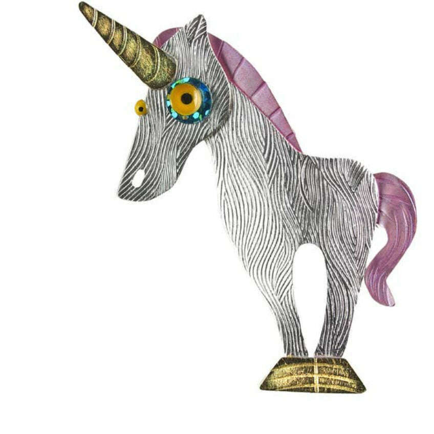Chickenscratch Unicorn Brooch — handmade textured brass silver-plated unicorn brooch with gold leaf hooves and horn, mica powder mane, pivoting head, 2.75 inch artisan pin