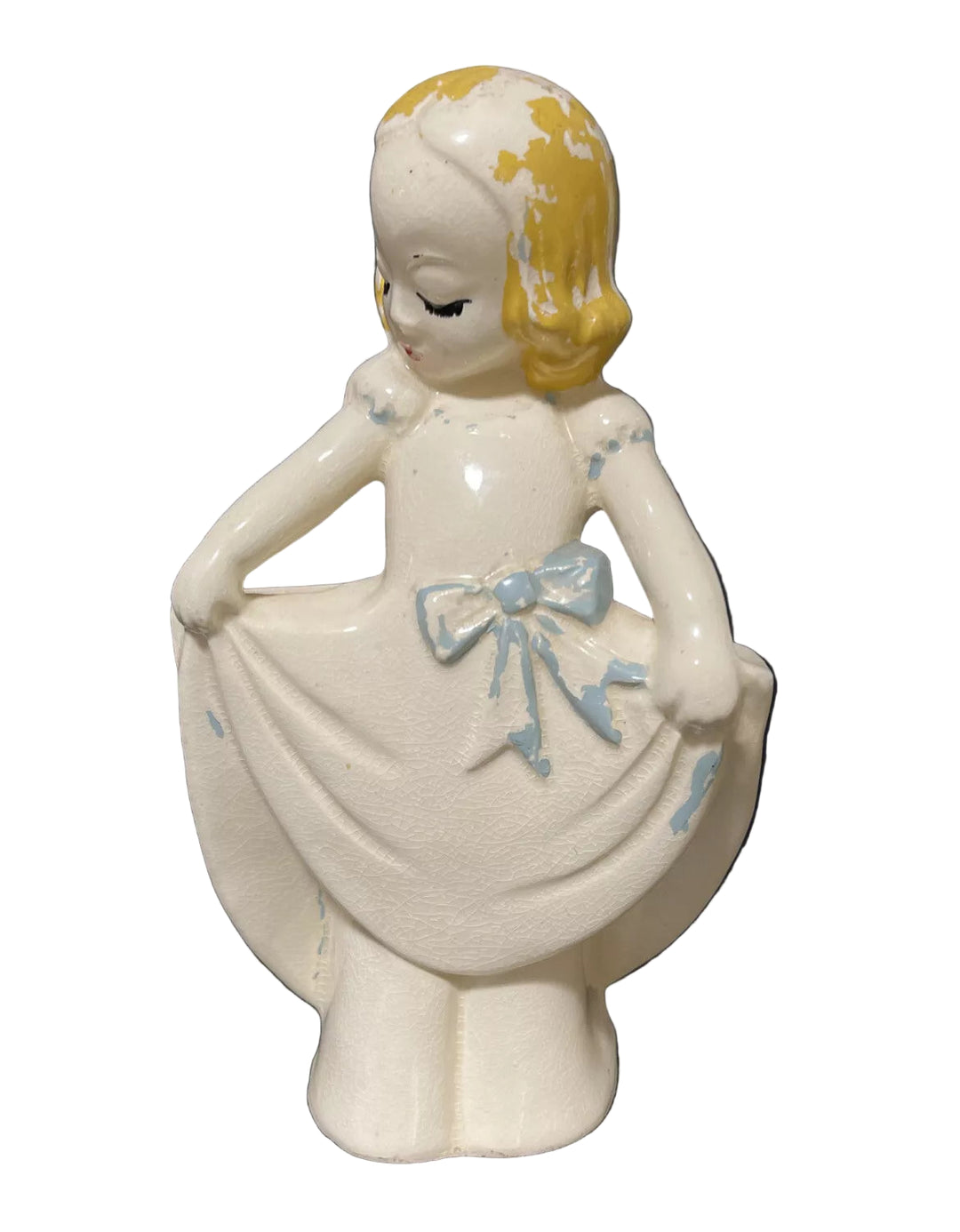 A vintage 1940's Oakwood Artware Shy Anne Double Planter Vase, predominantly white with blue and yellow accents.