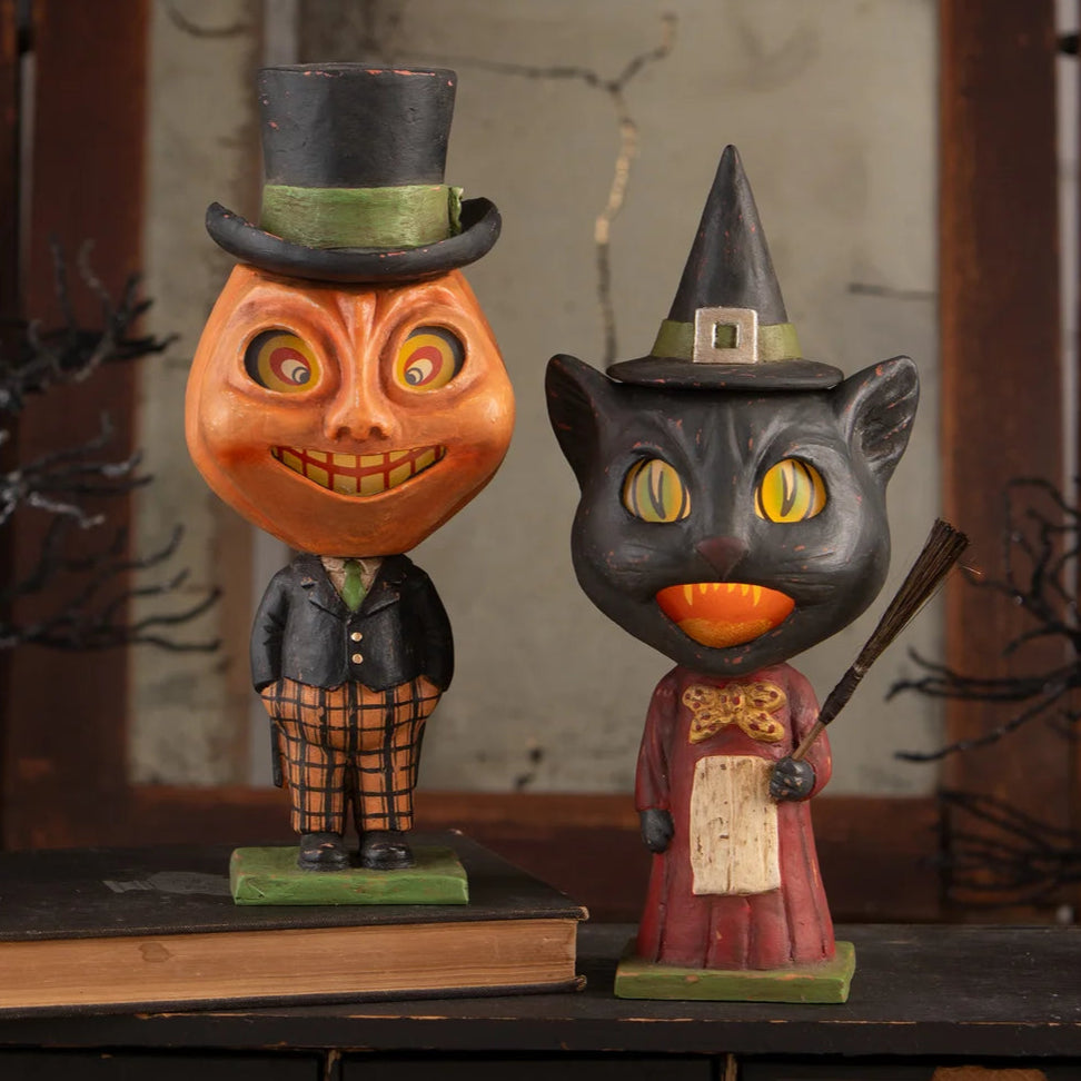 vintage halloween paper mache bucket pumpkin and cat