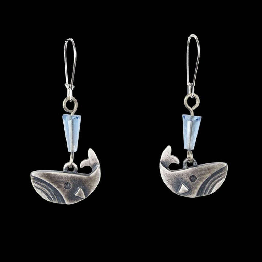 Chickenscratch Whale Earrings detail view — artisan sterling silver whale earrings handmade in USA