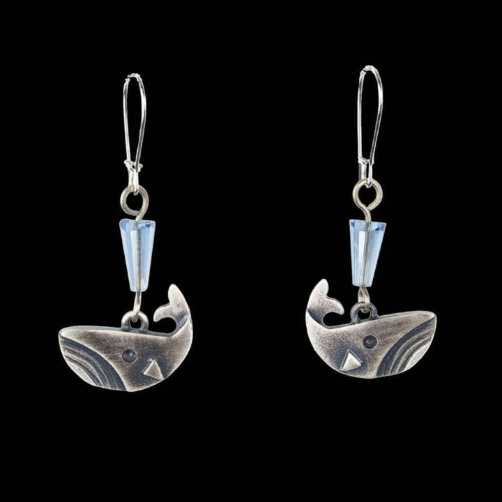 Chickenscratch Whale Earrings detail view — artisan sterling silver whale earrings handmade in USA