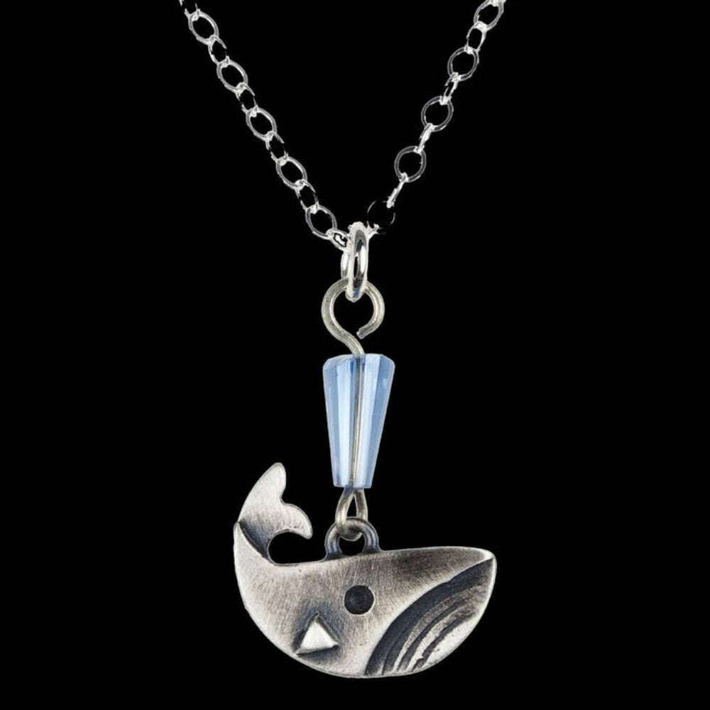 Chickenscratch Whale Necklace detail — artisan sterling silver whale pendant handmade in USA