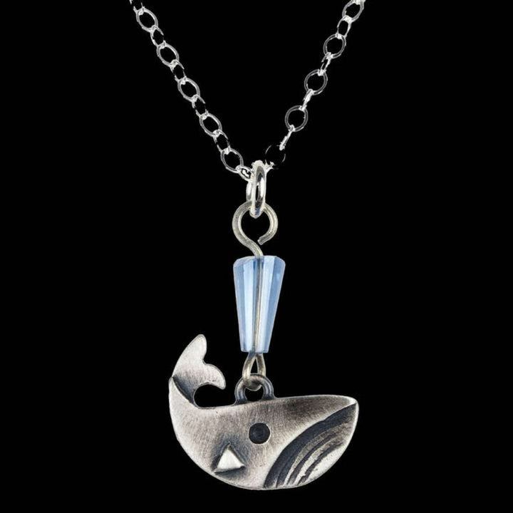 Chickenscratch Whale Necklace detail — artisan sterling silver whale pendant handmade in USA