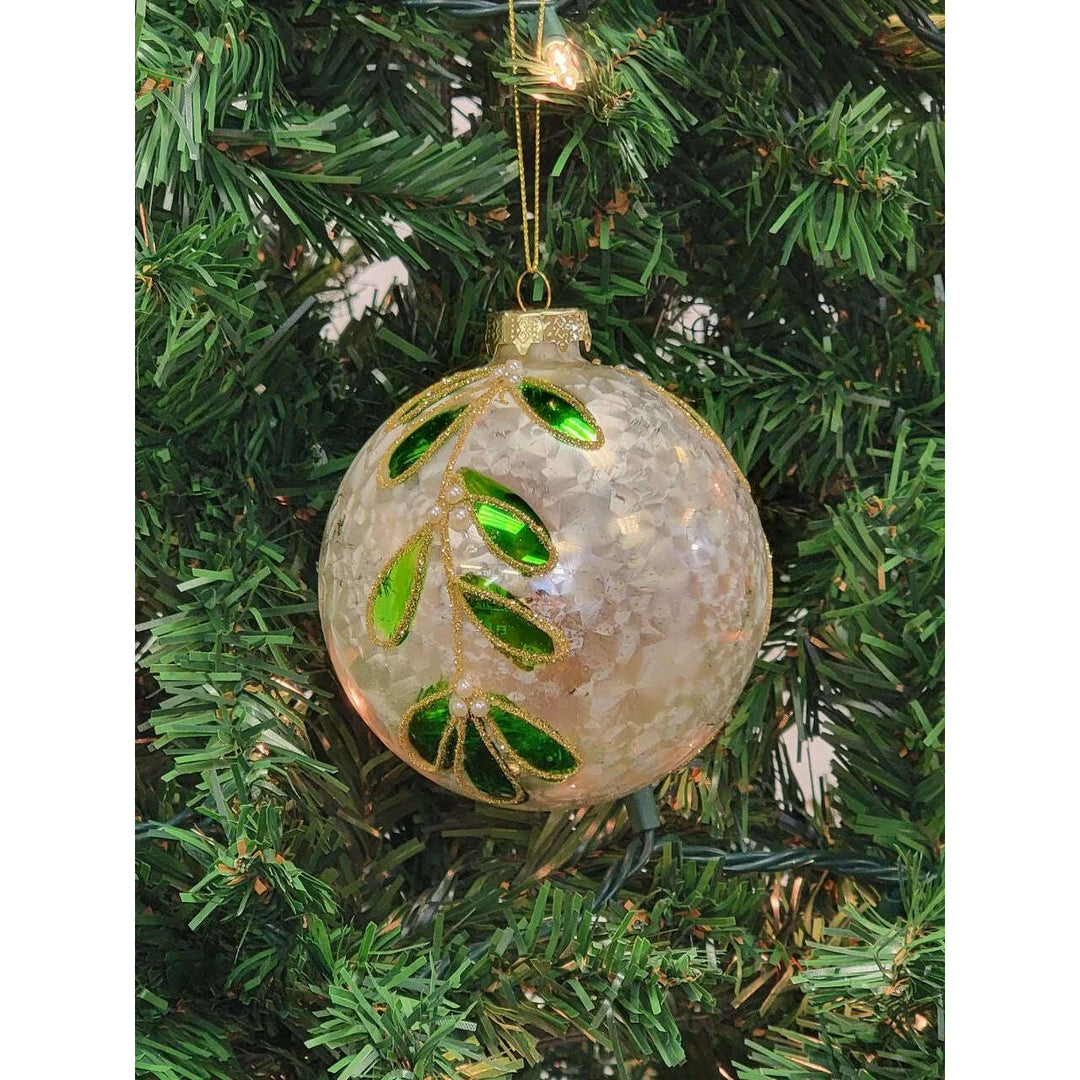 White and Green Glitter Leaf Glass Christmas Ornament F07M7-29-LH76-23081