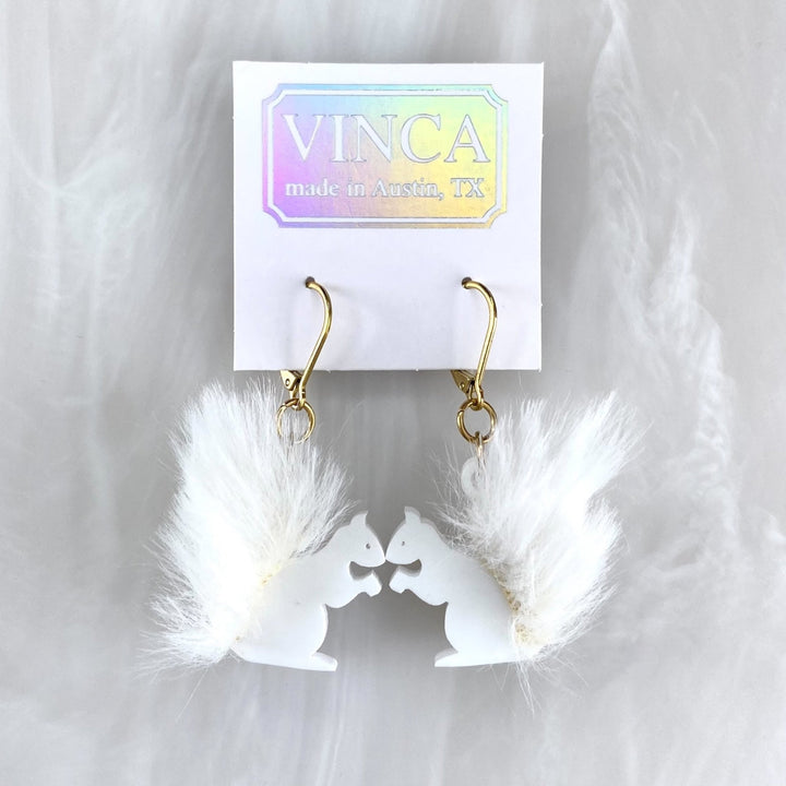 Fluffy Lucky Albino Squirrel Dangle Earrings with Faux Fur