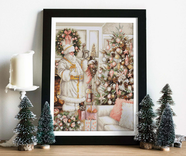 White Santa With Christmas Tree BU5019L Counted Cross-Stitch Kit
