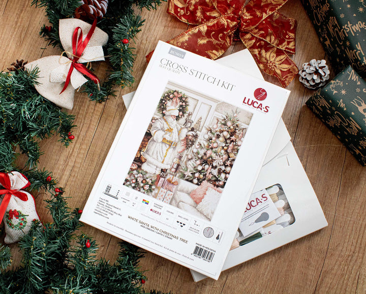 White Santa With Christmas Tree BU5019L Counted Cross-Stitch Kit