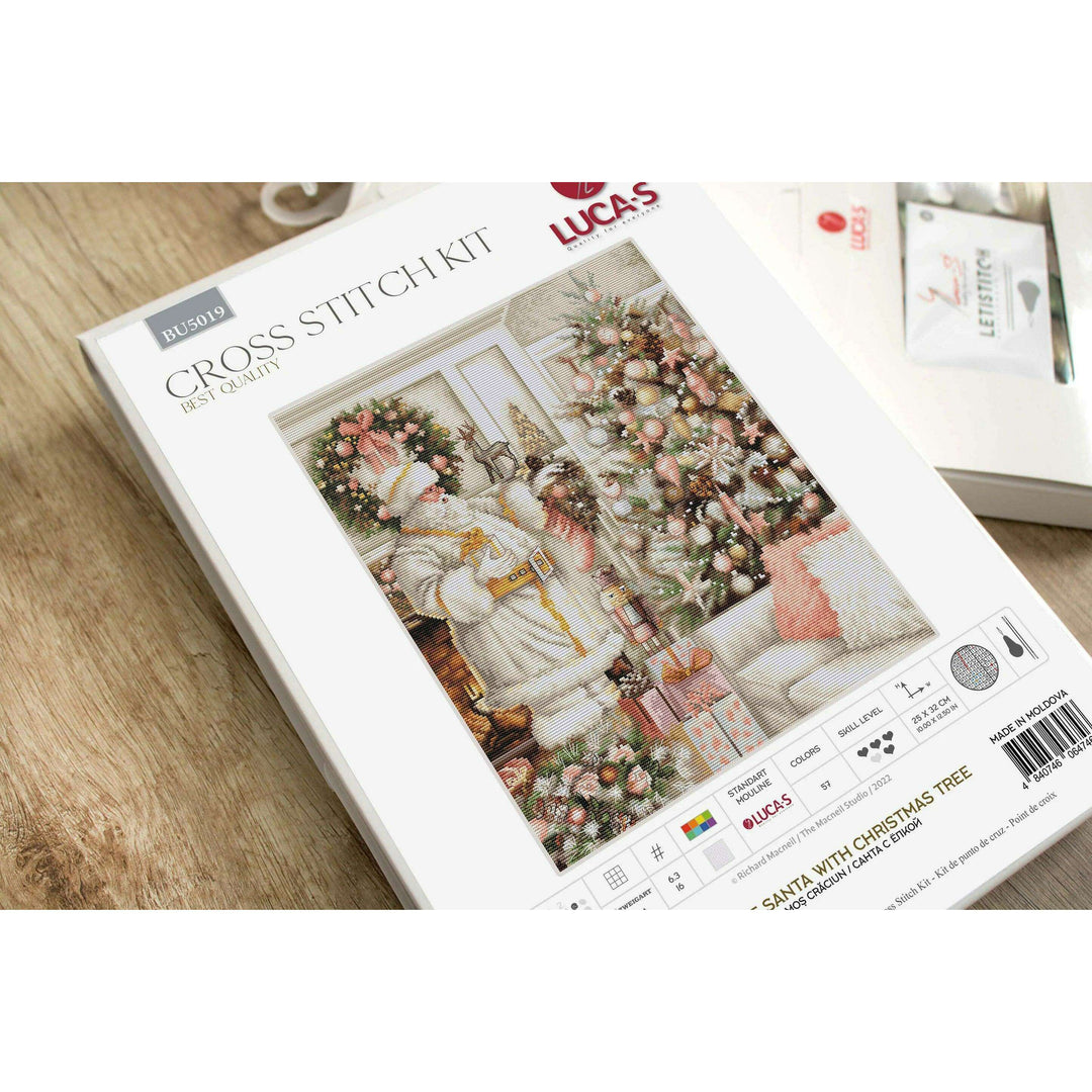 White Santa With Christmas Tree BU5019L Counted Cross-Stitch Kit