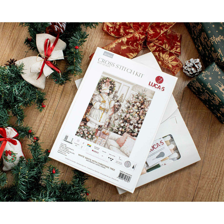 White Santa With Christmas Tree BU5019L Counted Cross-Stitch Kit