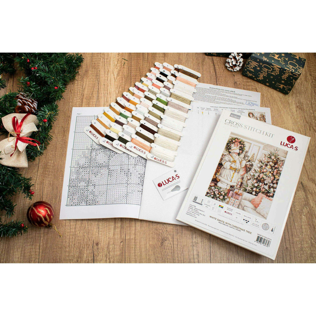 White Santa With Christmas Tree BU5019L Counted Cross-Stitch Kit
