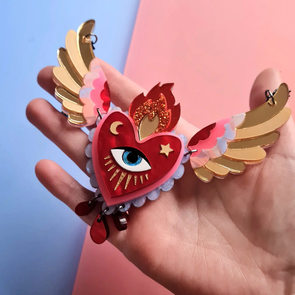 Winged Flaming Heart Statement Necklace by Cherryloco Jewellery 1