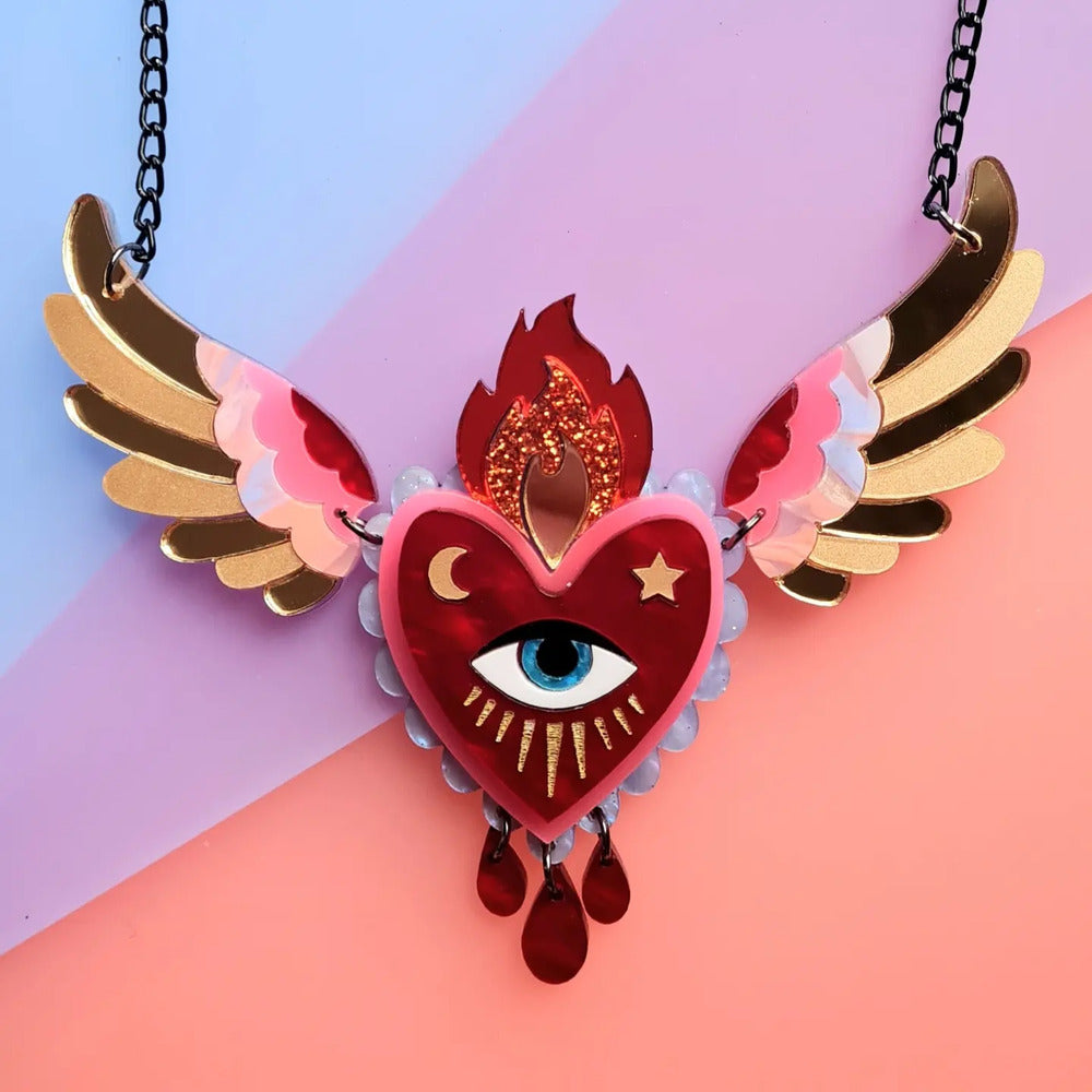 Winged Flaming Heart Statement Necklace by Cherryloco Jewellery 2