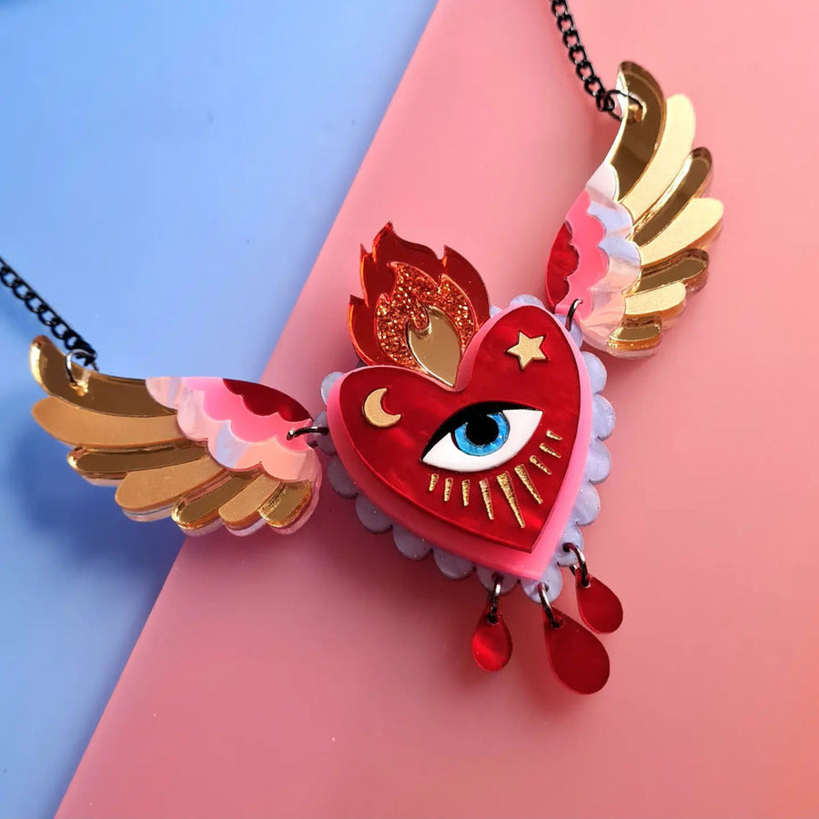 Winged Flaming Heart Statement Necklace by Cherryloco Jewellery 