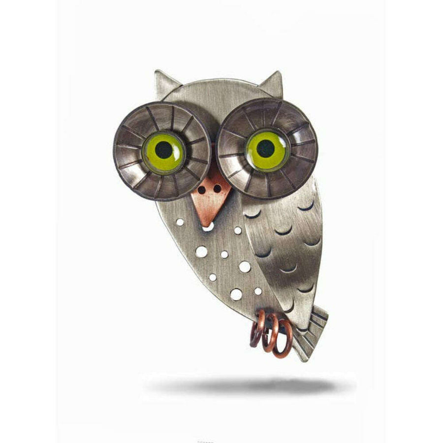 Chickenscratch Wise Owl Brooch — hand-cut nickel silver owl brooch with vibrant green epoxy resin eyes, moving copper talons, copper beak, 2.5 inch artisan pin