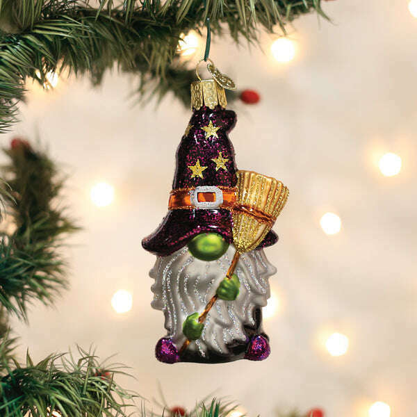 Witch Gnome Halloween Blown Glass Ornament