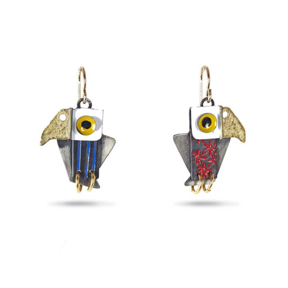 Chickenscratch Young Americans Earrings — handmade brass nickel silver bird earrings with red white and blue enamel paint, gold leaf beaks, gold-plated talons, and epoxy resin eyes