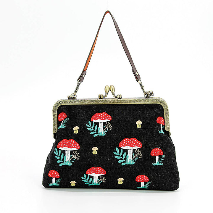 Mushrooms Kisslock Frame Handbag in Cotton: Black