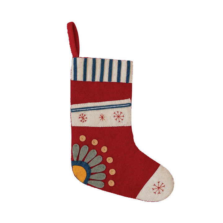 18"H Handmade Wool Felt Stocking w/ Embroidered Snowflakes & Flower, Multi Color by Creative Co-Op