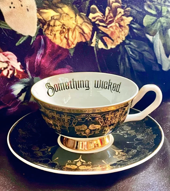 Black Nouveau Something Wicked Insult Teacup and Saucer by Miss Havisham