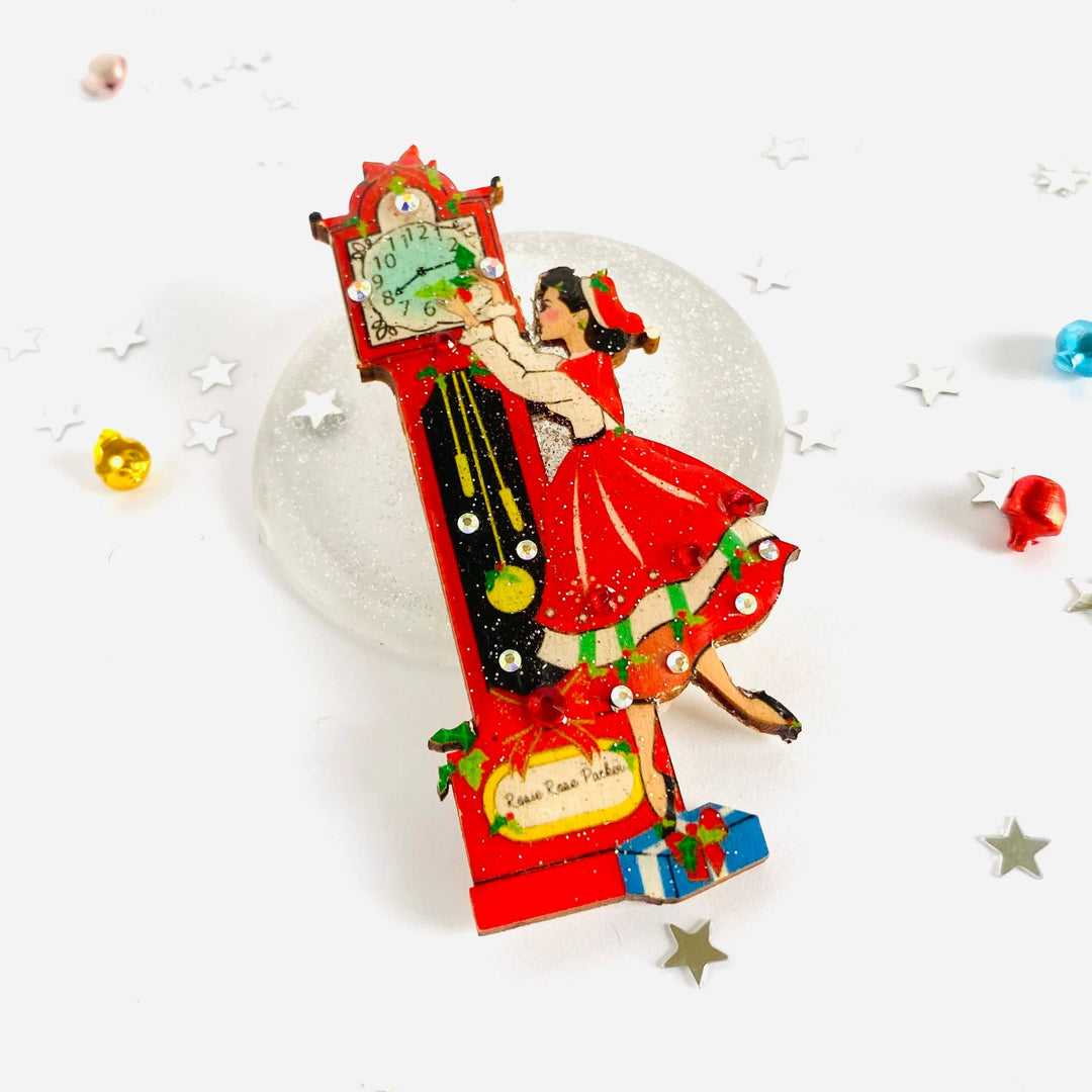 Christmas Eve Grandfather Clock Brooch by Rosie Rose Parker