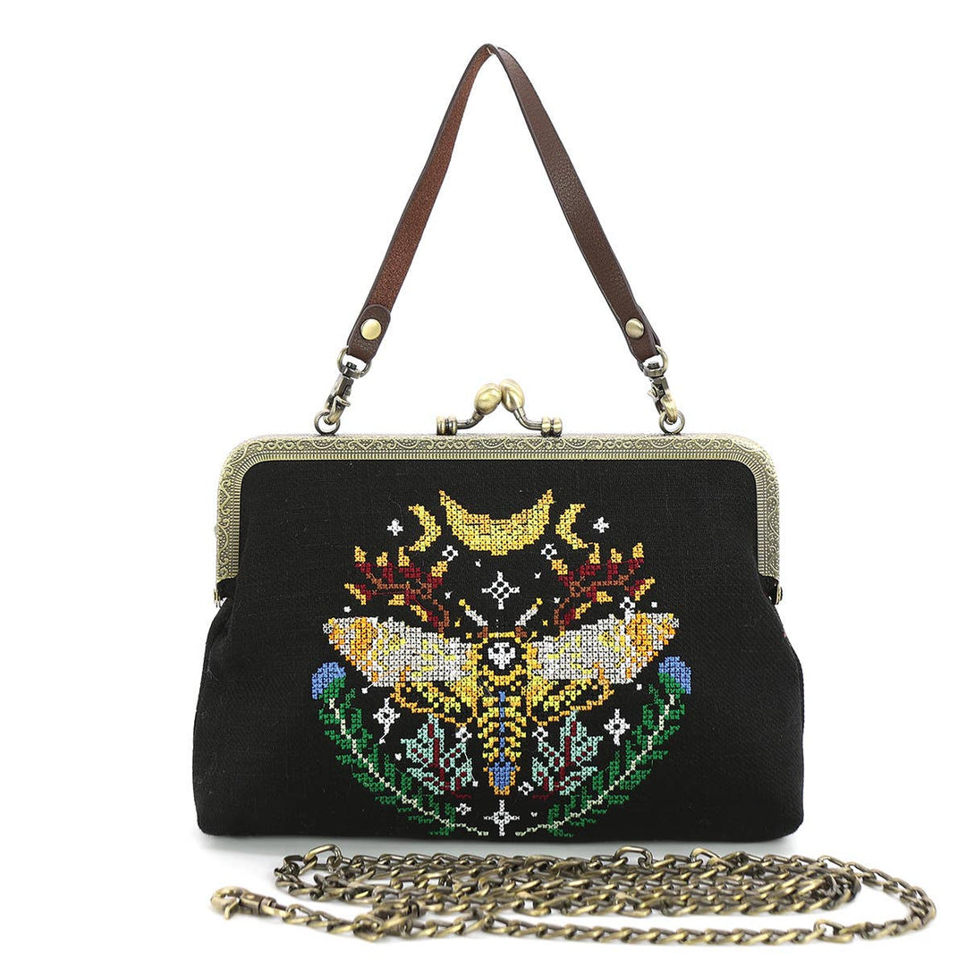 Skull Head Moth Vintage Kisslock Handbag in Linen Blend