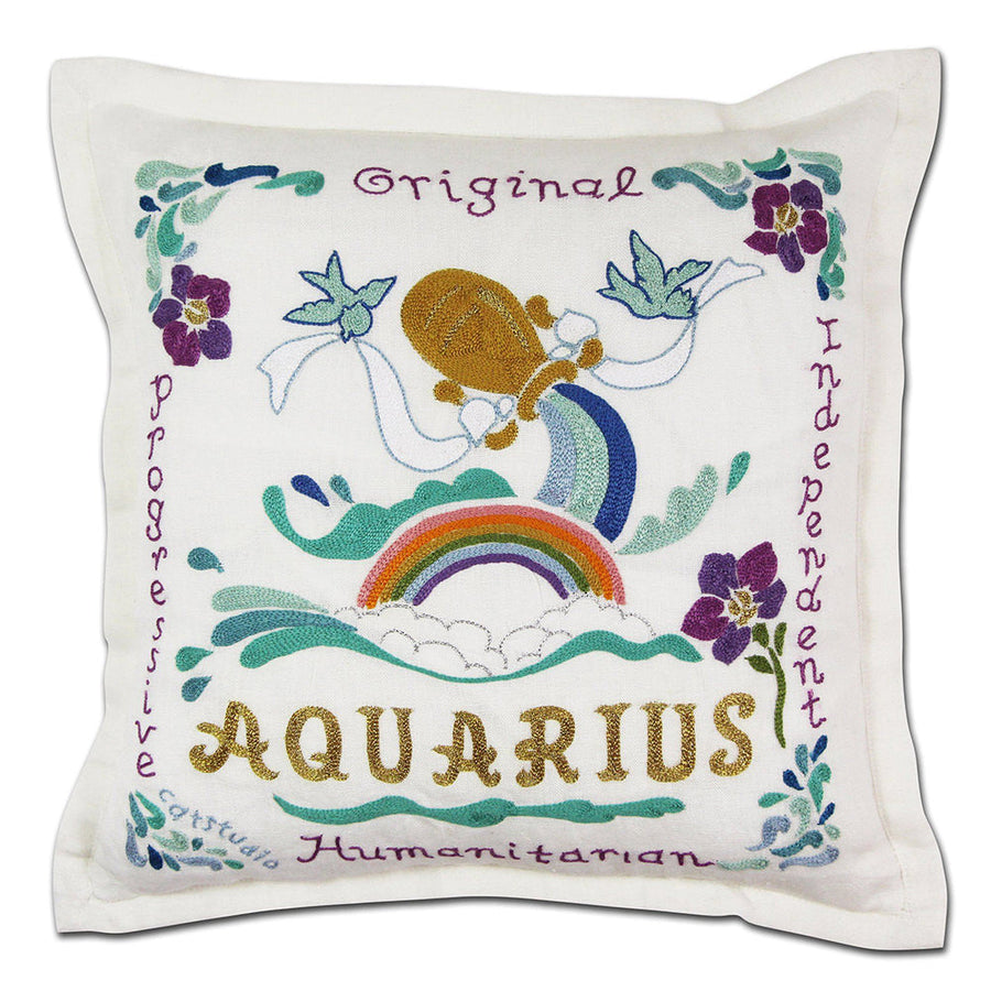 Aquarius Astrology Hand-Embroidered Pillow by Cat Studio