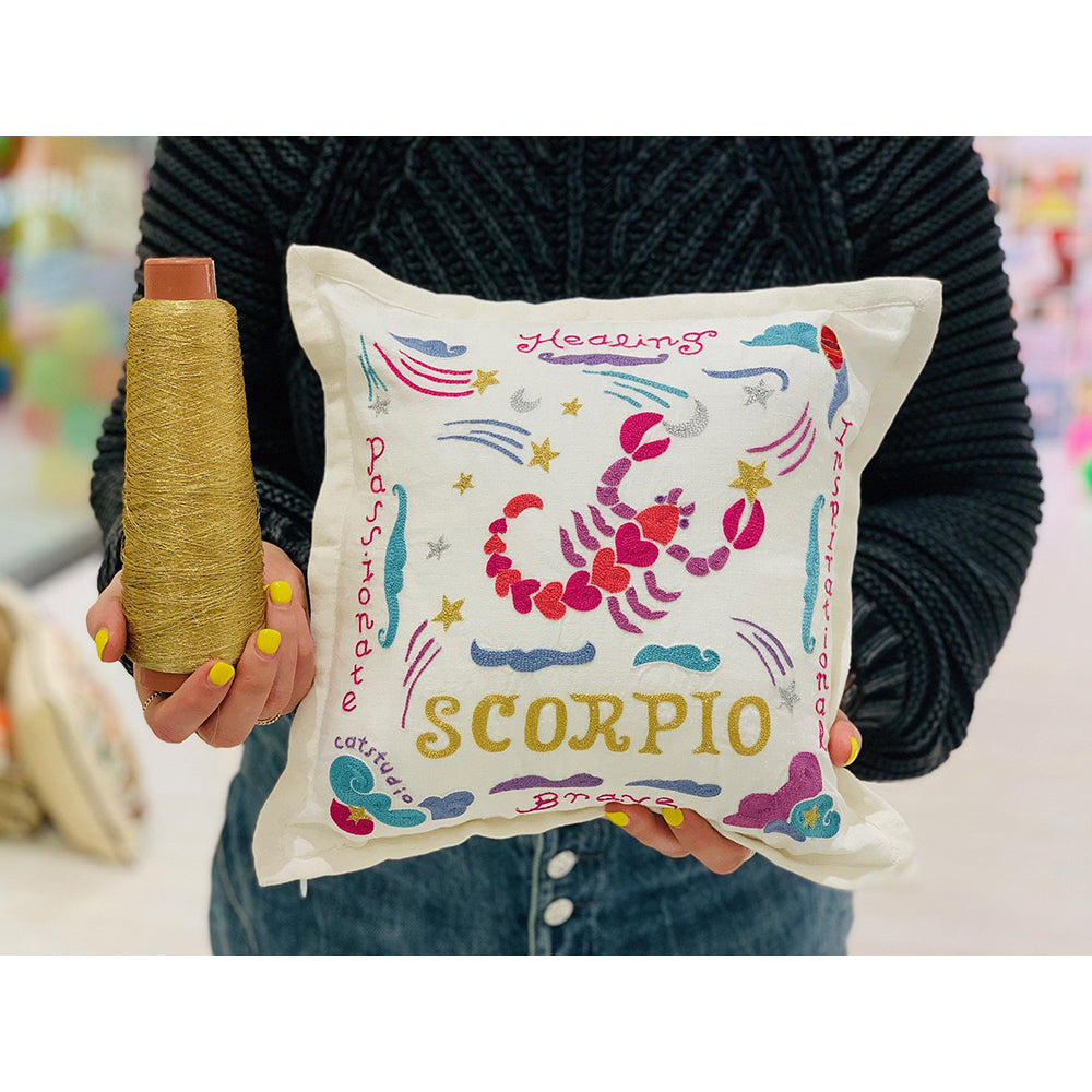 Aries Astrology Hand-Embroidered Pillow by Cat Studio