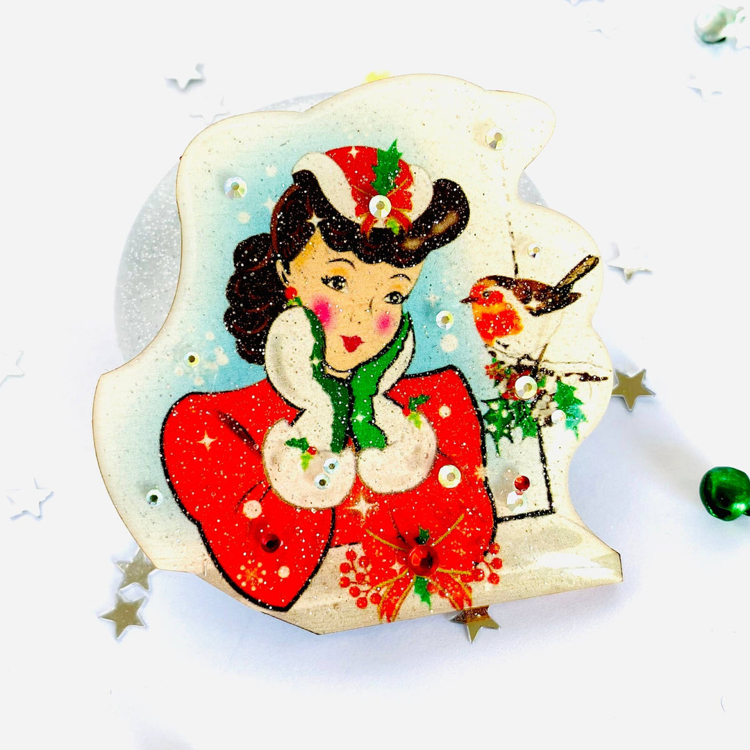 Red Robin and Christmas Lady Brooch by Rosie Rose Parker