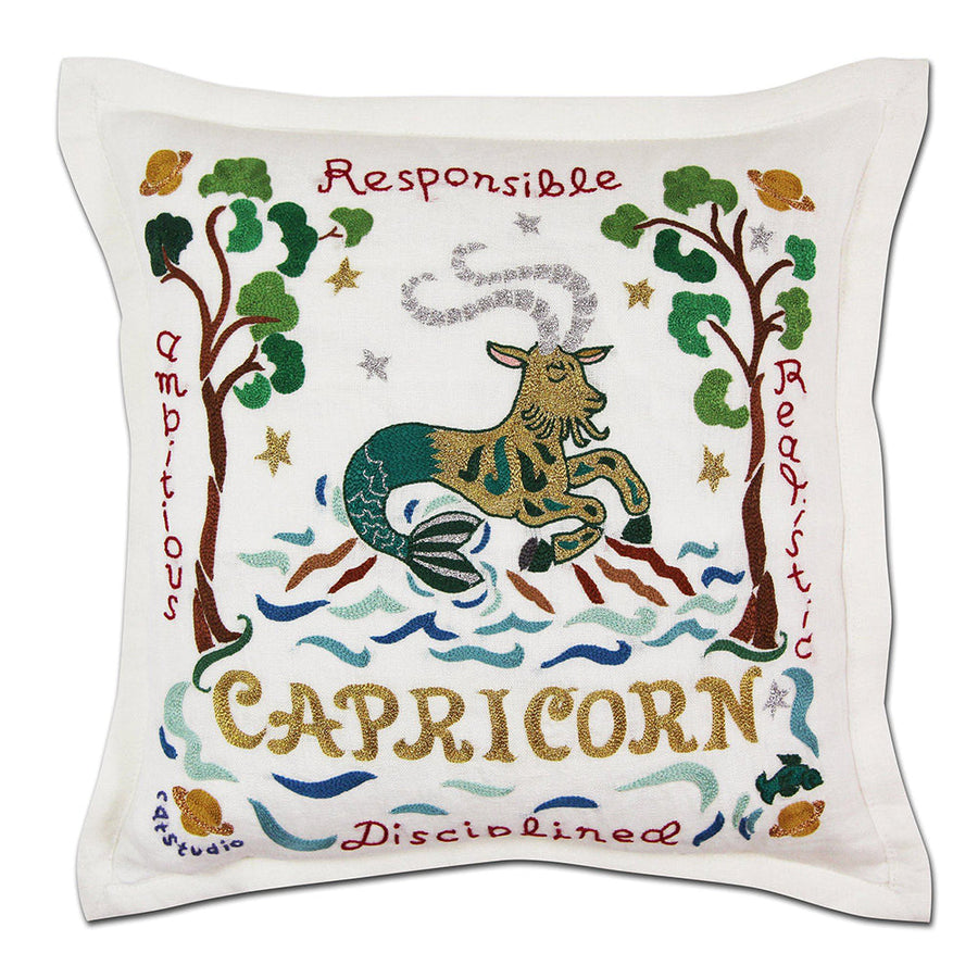 Capricorn Astrology Hand-Embroidered Pillow by Cat Studio