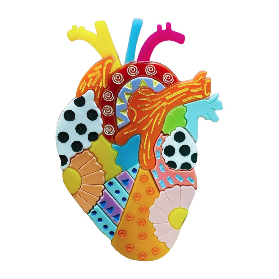 Mexican Folk Art Collection - Acrylic Brooch with Anatomical Alebrije Heart by Makokot Design