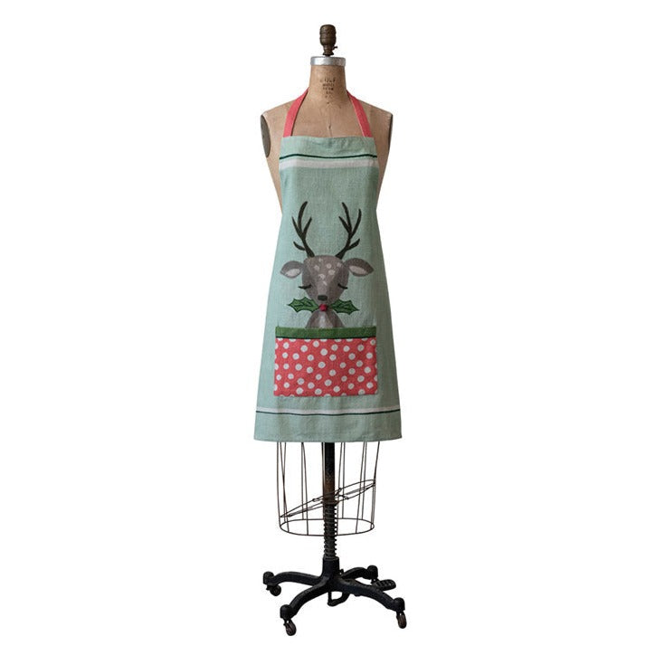 Cotton Slub Printed Apron w/ Reindeer, Holly & Polka Dot Pocket, Multi Color © by Creative Co-Op