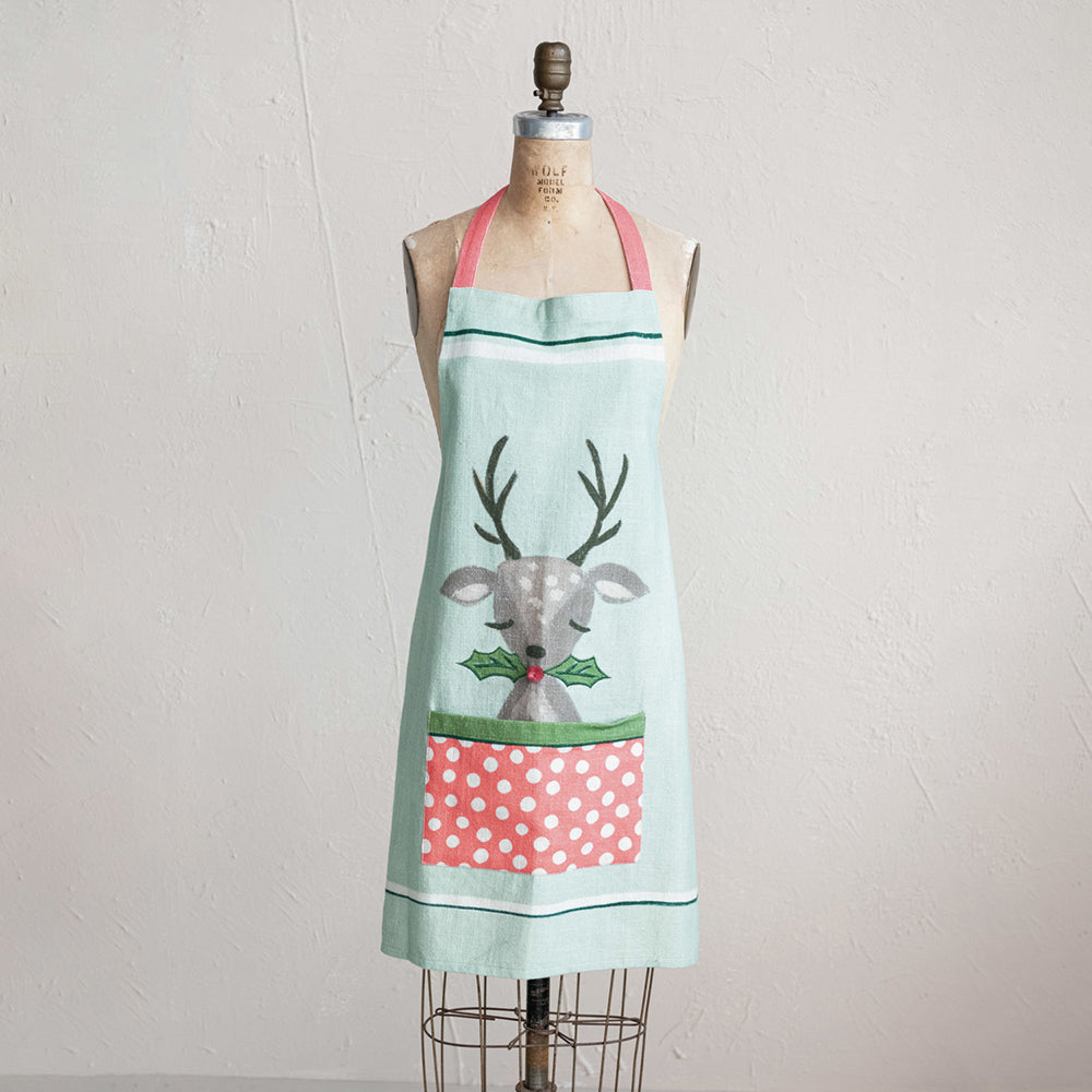 Cotton Slub Printed Apron w/ Reindeer, Holly & Polka Dot Pocket, Multi Color © by Creative Co-Op