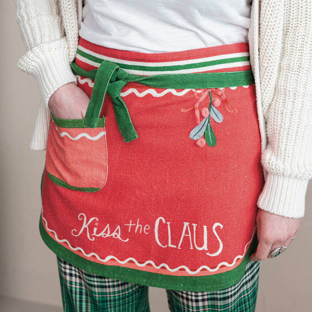 Cotton Slub Printed Half Apron w/ Embroidery, Holly, Pom Poms & Pocket © by Creative Co-Op